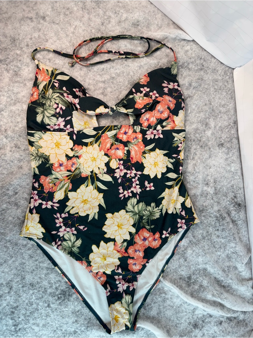 Floral One-Piece Swimsuit - Black with Yellow & Coral Flowers